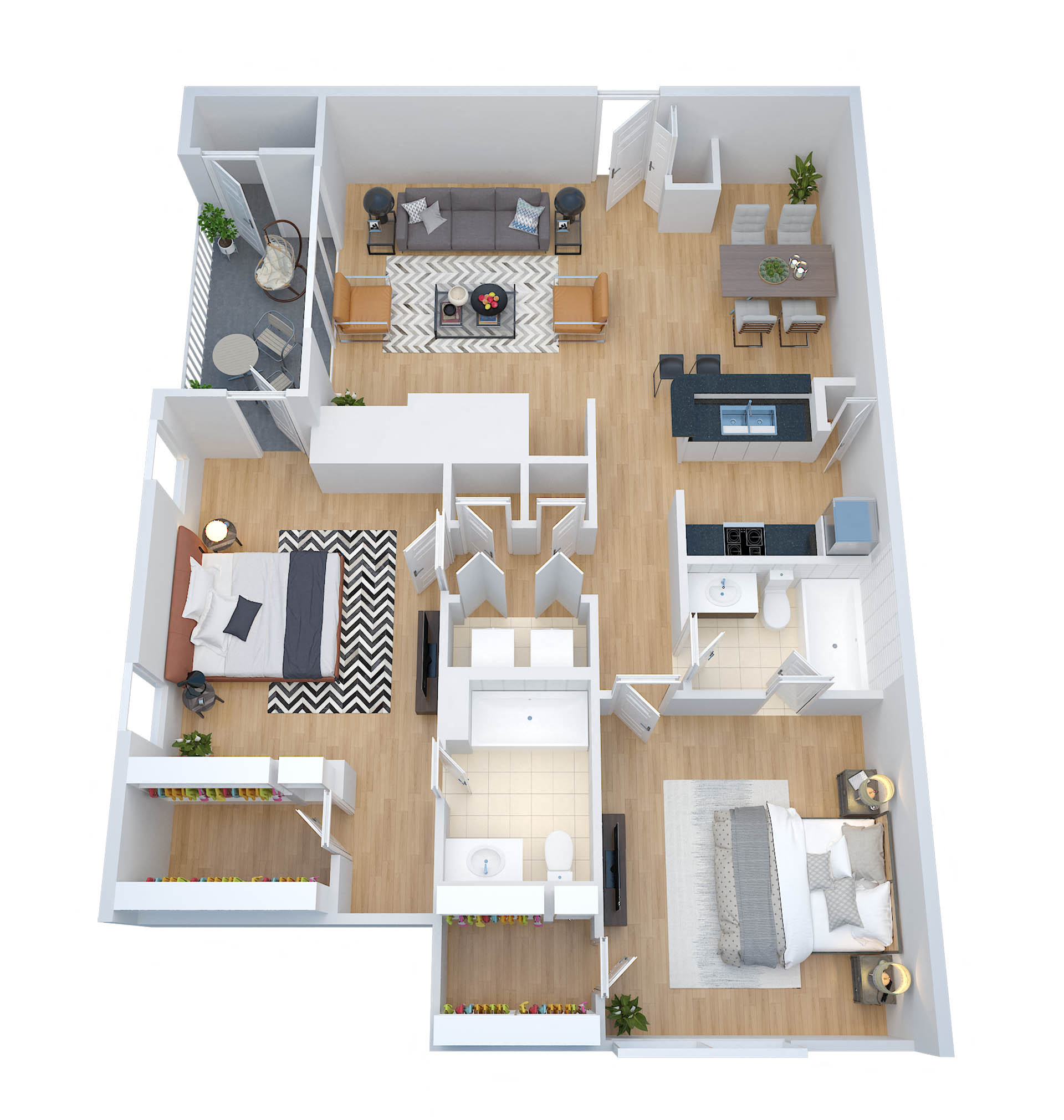 Floor plan for 2 beds, 2 baths, 1045 sqft